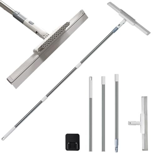 Prelisee Duschabzieher Edelstahl mit Bürste, 38CM Gummilippe Abzieher Dusche Boden mit Haken, Fensterabzieher mit Stiel 124CM Wasserschieber Bodenabzieher Dusche für Auto,Haus