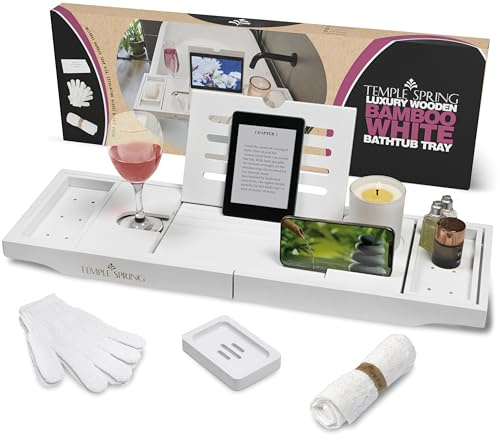 Temple Spring Vassoio da bagno estensibile per vasca da bagno con candele, bicchieri da vino, libri,supporti per iPad e telefono,vassoio da bagno regolabile in bambù sopra gli accessori vasca-Bianco