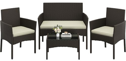 Yaheetech Conjunto de Muebles Ratán de Jardín 4 Piezas, 1 Sofá 2 Sillones con Cojines y 1 Mesa con Vidrio para Patio/Terraza/Balcón (Marrón/Beige)