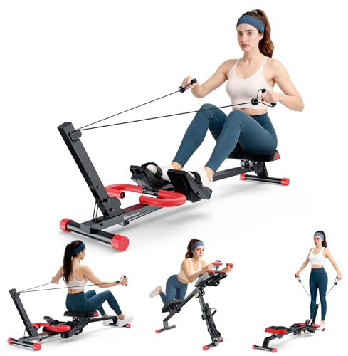 WARMOUNTS 4 in 1 Rowing Machine, Adjustable Ab Trainer with 4 Levels & 4 Heights, 120kg Weight Capacity Home Gym Equipment, LCD Monitor, Foldable Efficient Workout Rower for Full-Body, Silent Slides