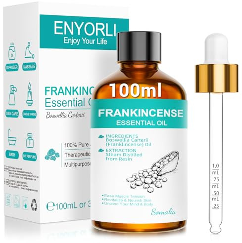 ENYORLI Frankincense Essential Oil 100ml, Frankincense Oil for Diffuser DIY | Warm Woody Aroma, Steam Distilled Oil, Ideal For Diffusers, Candle Making, Soap Making And DIY Projects