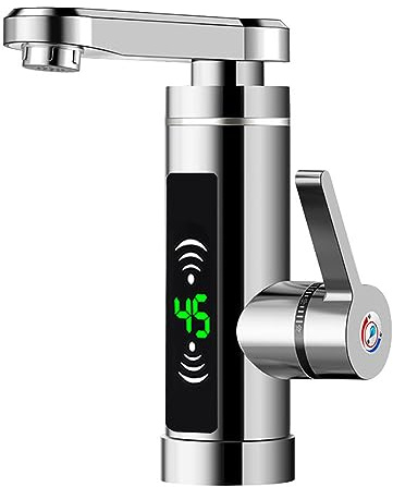 ACROSSPART Durchlauferhitzer Wasserhahn, 3KW Elektrischer Wasserhahn mit LED Temperaturanzeige, 360° Drehbarer Edelstahl Armatur für Küche & Bad (Silber)