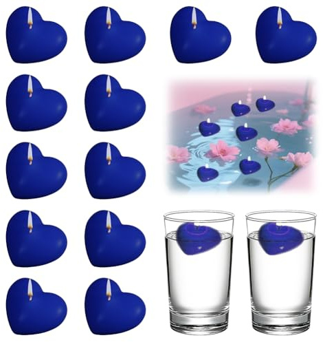 Lot de 12 bougies flottantes en forme de cœur - Grandes bougies flottantes étanches - 50 x 45 x 28 mm - Durée de combustion : environ 3 heures - Pour mariage, piscine, Saint-Valentin, Noël - Bleu