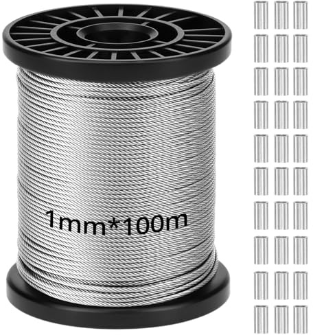 QWORK 1 mm x 100 m vajer, 304 rep i rostfritt stål, 100 kg brottmotstånd, perfekt för utomhusbruk, trädgård och gör-det-själv, med 30 presshylsor av aluminium
