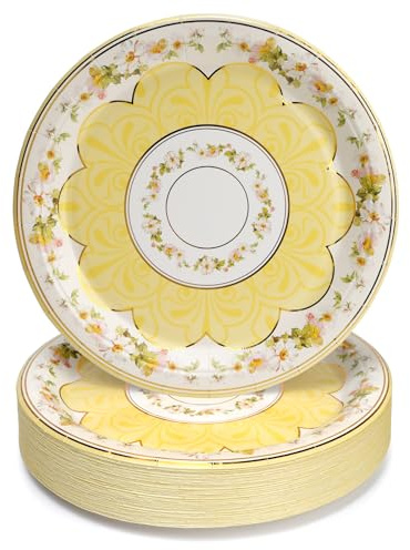 PARTY GO 50 piatti di carta gialli con motivo floreale, piatti da tè pomeridiani, per matrimoni, compleanni, tè pomeridiani, decorazione da tavolo, per 50 ospiti