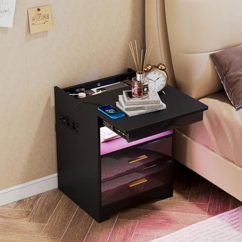 Ztexkee Mesita de Noche con Enchufe y Tira de luz LED, Mesitas de Noche con Cerradura, Mesa Auxiliar con 3 Cajones y 1 Cajón Secreto para Dormitorio, Negro