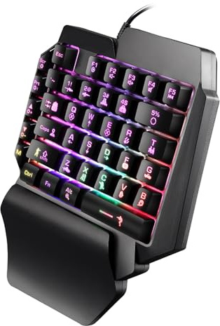 INDOTEAM Teclado para juegos, teclado para juegos con una sola mano, mini 39 teclas, iluminación RGB colorida, teclados con cable USB con reposamanos, para computadora de escritorio, laptop, teléfono