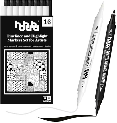 hhhouu Pennarelli Acrilici Bianco e Nero – Set da 16 Pennarelli a Doppia Punta – Per Pietra, Legno, Tela, Vetro, Carta, Pelle, Ceramica, DIY e Disegno HO-D16