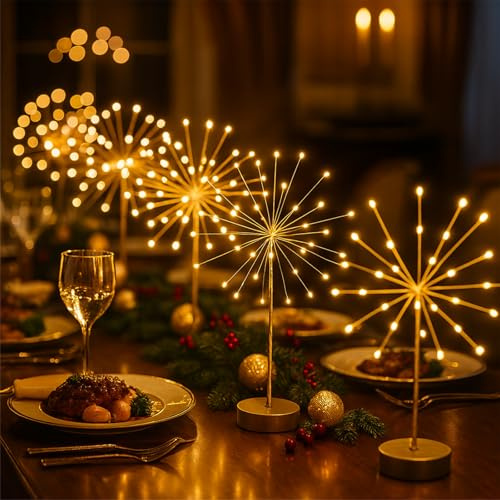 Nest and Flowers Table Lights, 2026 Upgraded Mini Table Starburst Lights with Remote, LED Twinkle Firework Light, Battery&USB Fairy Tree Light for Christmas Party Indoor Decor Gift (6, Warm Remote)