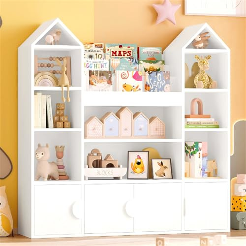 IRONCK Kids Toy Storage Unit Childrens Bookcase Toy Organiser Kids Bookshelf 4 Doors, 10 Open Shelves, Castle Top, Sliding Book Shelves, for Nursery Playroom,123.5x33x127cm (White)