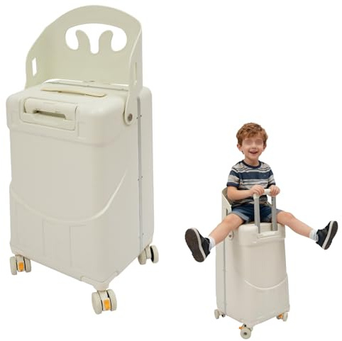 MARTEXBUY Kids Ride-on Luggage with Foldable Back Rest, 22 Carry On Luggage Travel Trolley Case with Seat for Children, Top Opening Suitcase with Spinner Wheels and Lock (White, 22 Inch)