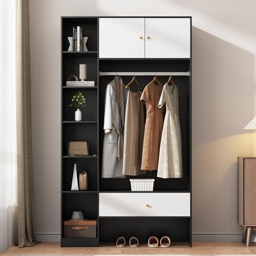 Easexcy Armadio compatto da corridoio in bianco e nero, con 2 ante, 6 scomparti, asta appendiabiti e cassetto, dimensioni: 105 x 185 x 40 cm (stile 3)