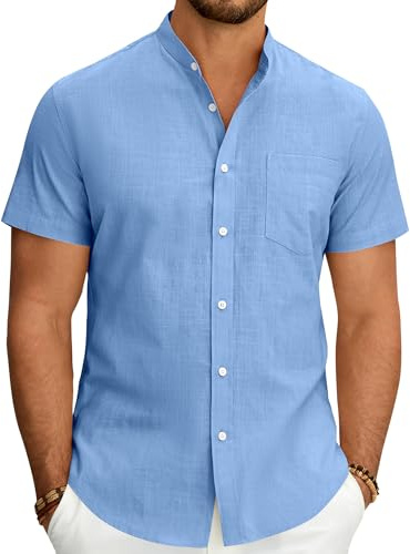 J.VER Mens Linen Shirts Short Sleeve Grandad Collar Regular Fit Summer Beach Holiday Casual Fashion Shirt with Pocket