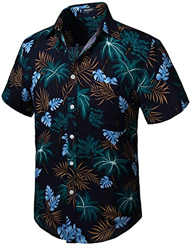 HISDERN Men Funky Hawaiian Coconut Tree Shirts Short Sleeve Front Pocket Holiday Summer Aloha Printed Beach Casual Navy Blue Hawaii Shirt 2XL
