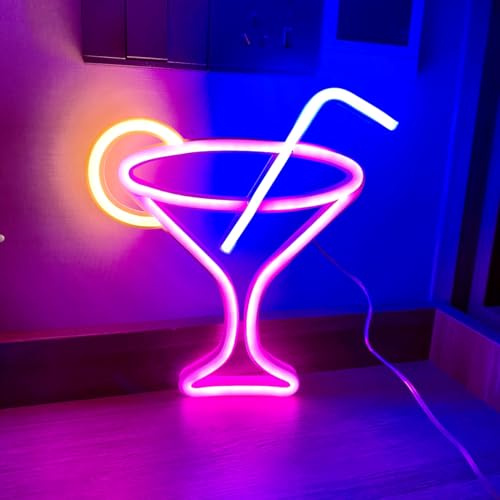 Pink Neon Sign, LED Wine Glass Light - Battery and USB Powered Bar Night Light for Wall Decor, Cocktail Lamp for Club, Restaurant, Shop