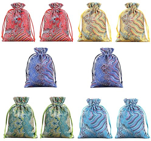 ZEACCT 10 Pezzi Sacchetti di Gioielli in Broccato di Seta, Sacchetti di Seta Cinese, Sacchetti Ricamati A Fiori con Coulisse, Ricamato Con Coulisse Sacchetto, per Spille, Pendenti