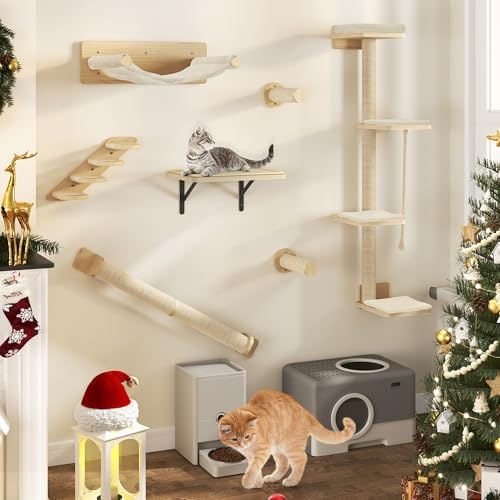 YITAHOME 7PCS Cat Climbing Frame Set, Wooden Cats Wall Furniture, Cats Climbing Tree with 3 Scratching Posts/4 Steps Cat Stairway/Hammock/Cat Bed, Climbing Wall Mounted with 4 Platforms