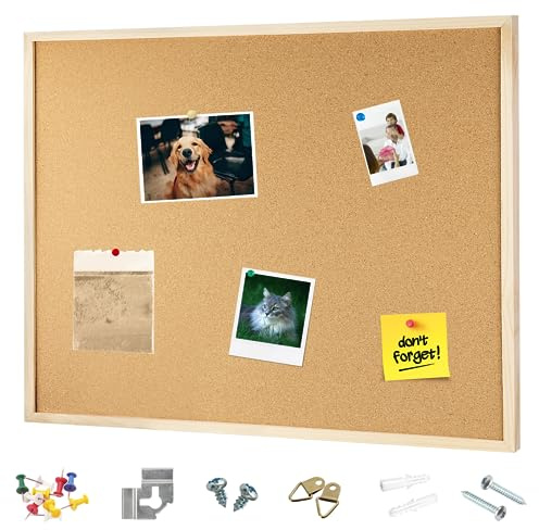 OWLKELA Klassische Pinnwand mit Holzrahmen aus Kork - 120x90cm mit 10 Reißzwecken und Aufhängeringen für Büro, Klassenzimmer oder Zuhause