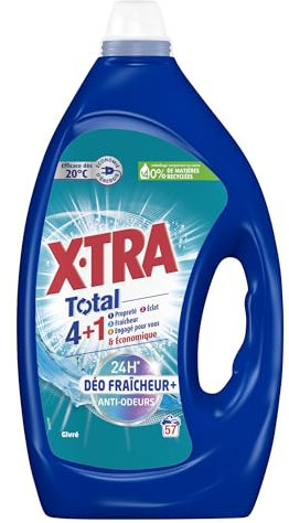 X, Tra Total - Lessive Liquide - 4 plus 1 - Propreté - Eclat - Fraîcheur - Engagé pour vous - Economique - Parfum Givré - Déo Fraîcheur plus - 24H Anti-Odeurs - Efficace des 20°C - 57 Lavages