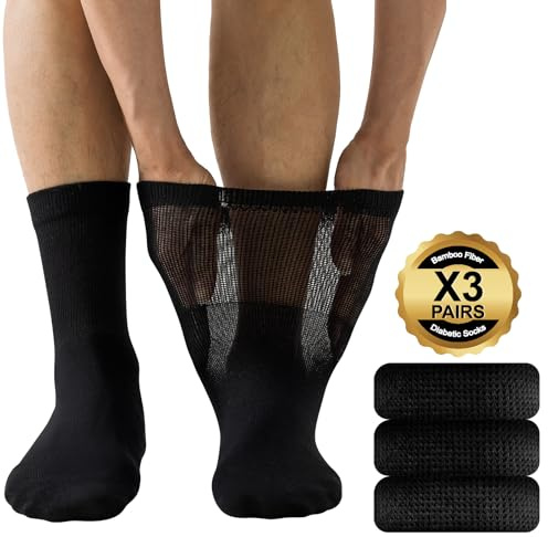 Niorasen Men's Extra Wide Diabetic Bamboo Socks, 3/6 Pairs | 72% bamboo socks with a loose soft top and seamless toe for swollen feet and legs; reinforced heel and toe for daily comfort.