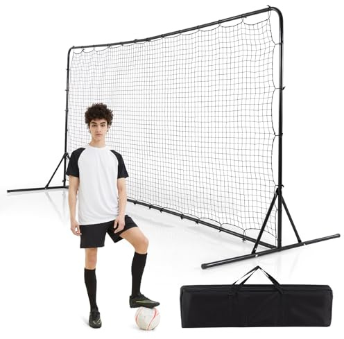 COSTWAY Portable Football Rebounder Net, 12ft x 6ft Soccer Training Equipment with Carry Bag and Ground Stakes, Metal Frame Soccer Goal Net for Backyard, Playground & Park (Black)