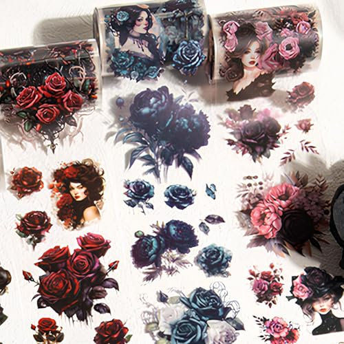 Cosswe Washi Tape Set, 3 Rollen Vintage Blumen PET Tapes Transparente Aufkleber Dekoratives Klebeband, 60 mm x 2 m, Ideal für Scrapbooking, Bullet Journals, Planer & Geschenkverpackungen