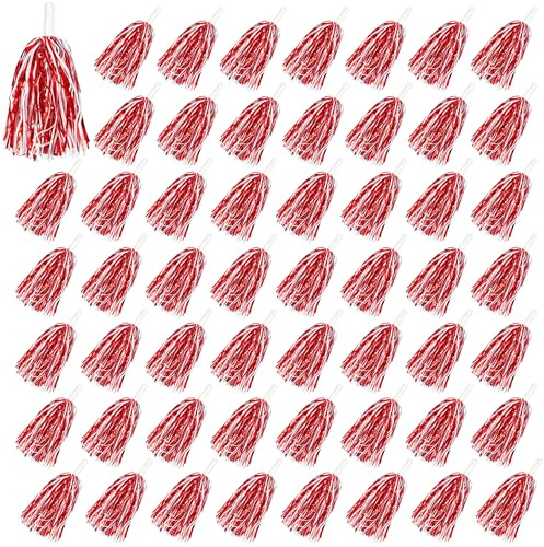 54PCS Cheerleading Pom Poms Metallic Foil Plastic Pom Poms with Baton Handle for Game Sports (Red White)