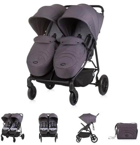 Chipolino Zwillingskinderwagen Top Stars, 77 cm breit, Wickeltasche, Fußsack dunkelgrau