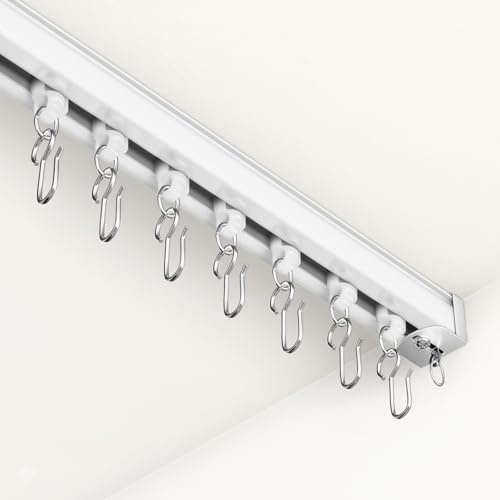 Houmiggle Ceiling Curtain Track System with Wall Mount, Silent Curtain Rail for Room Divider with Three Types of Hooks, 9ft - 12ft, White