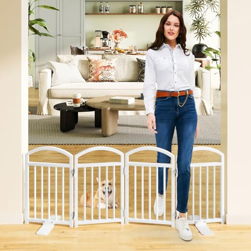 Snughome Short Dog Gate Indoor, 19.69 H Freestanding Small Dog Door Gates with Support Feet, Expands Up to 48 Wide Foldable Pet Gates for Doorway, 4 Panel Folding Pet Door Pet Fence for Puppy, White