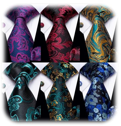YourTies Mens 6PCS Floral Tie Set Paisley Ties Pack Silk Woven Necktie Pocket Square Culffinks Fashion Business Wedding