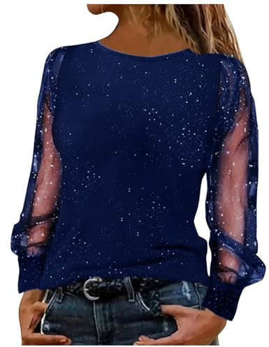Camicia Donna Elegante in Rete Camicie Trasparenti Bluse con Paillettes Scollo a V Camicia Manica Lunga Glitter Camicetta Vintage Paty Abiti da Cocktail Club Night Blusa Leggero Classico Tops