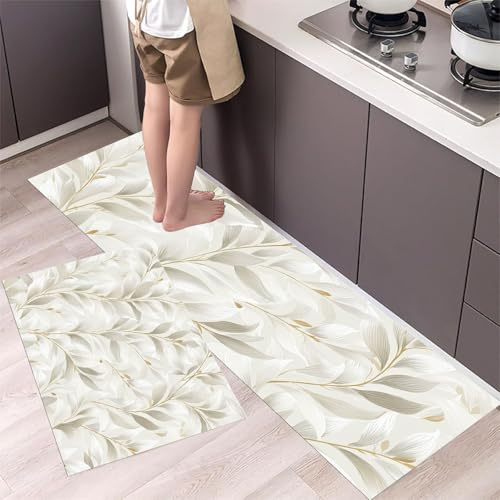 MLSOWM Set di 2 Tappeto da Cucina Antiscivolo Lavabile Piante Eleganti Passatoia Cucina Foglie Di Salice Tappeti Runner per Corridoio, Sala Da Pranzo, Lavanderia, 43x75cm+43x120cm, Grigio Chiaro