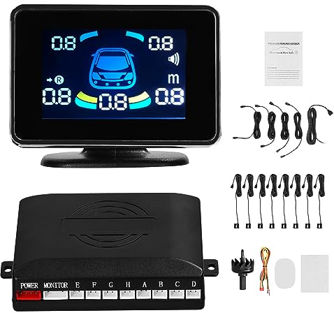 Shkalacar parkeringshjälp, bakhjälpmedel bak med 8 parkeringssensorer, avståndsdetektering, LCD-avståndsdisplay, parkeringssensor för 12 V fordon, svart
