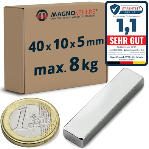 Quadermagnet Neodym Magnet-Quader Extra Stark - Haftkraft bis 800kg - Starke Blockmagnete - Rechteckige NdFeB Magnete, Stückzahl/Größe: 5 Stück - 40x10x5mm | 8kg Haftkraft