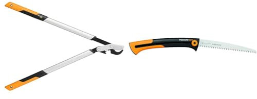 Fiskars PowerGear X Bypass-Getriebeastschere für frisches Holz, Antihaftbeschichtet, 80 cm, Schwarz/Orange & Große Handsäge für frisches Holz, Grobzahnung, Sägeblattlänge: 25,5 cm, Schwarz/Orange