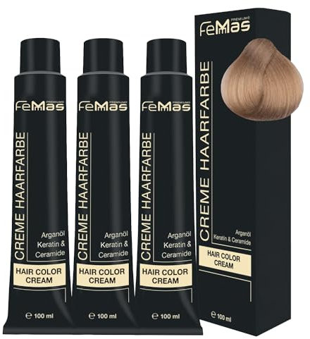 FemMas Tinte para el cabello 3 x rubio claro 9 I crema tinte para el cabello con aceite de argán, queratina y ceramidas, como coloración permanente o tinte para resultados de color radiantes y