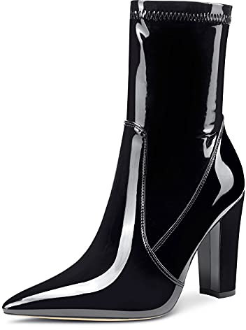 NobleOnly Femme Bottes et Bottines Cheville Fermeture Eclair Bloc Talon 10CM High Heels Noir Vernis Chaussures EU 42