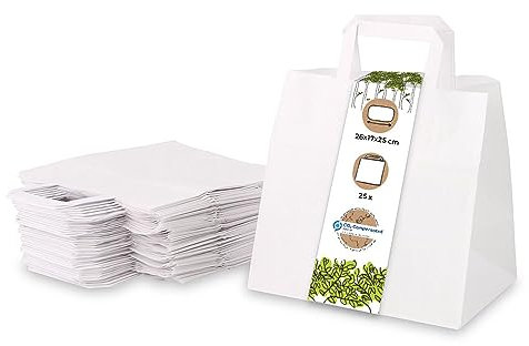 BIOZOYG 25x Papiertragetaschen 26 x 17 x 25 cm - weiße Papiertüten mit Henkel Einkaufstüten - Papiertaschen Geschenktüten Tragetaschen Kraftpapier