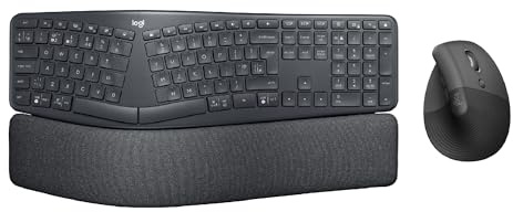 Logitech Lift Vertical Ergonomic Mouse, Wireless, Bluetooth or Logi Bolt USB receiver, Quiet, ERGO K860 Wireless Ergonomic Keyboard - Split Keyboard Layout, Wrist Rest, QWERTY UK Layout - Graphite