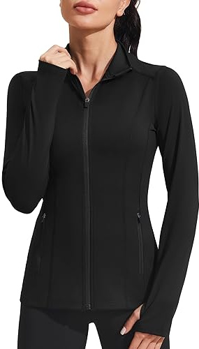 PINSPARK Workout Jackets for Women Athletic Running Gym Yoga Jacket Lightweight Full Zip Slim Fit Sports Tops Thumb Holes Pockets, Black, XX-Large