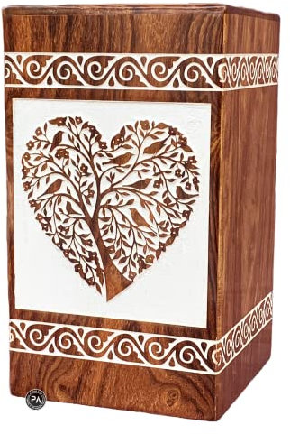 Urne funéraire pour cendres humaines faite à la main en palissandre pour femme, arbre de vie, urne en bois en forme de cœur (taille S – 20,3 x 12,9 cm (l x L), palissandre blanc)