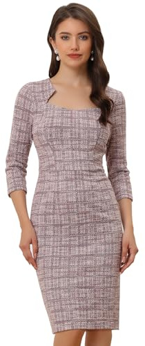 Allegra K Women's Vintage 3/4 Sleeve Plaid Tweed Work Pencil Dress | Elegant Business Casual Dress, Church Wedding Guest Cocktail Party Outfits, Spring Fall Winter