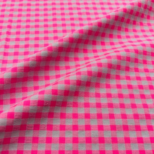 Kt KILOtela - Tela Seersucker Algodón BCI, Poliéster Reciclado GRS, Camisería, Prendas Moda, Cuadros Vichy, Rosa Flúor, Largo a elección de 50 en 50 cm