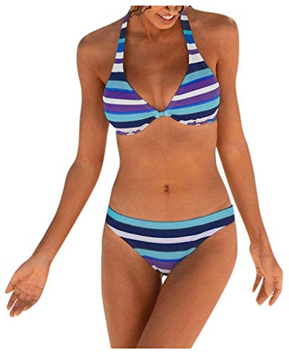 Generico Bikini Push Up Imbottito Imbottito Push Up Donne Boho Stripes Push Up Bandeau Bikini Set Costumi da Bagno a Due Pezzi Bikini Super Push Up Imbottito Costumi da Bagno Costume Donna (Blue, M)