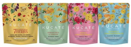 Pack de 4 Thés aux Herbes, Fleurs, Fruits Secs et Sucre de Roche - 31 sachets au total - Detox Longane, gingembre, miel, rose, chrysanthème, goji, dattes rouges, mûres, raisins secs