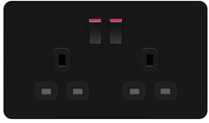 LIDER 2-Gang Switched 13A Socket, Double-Pole Plug Socket with Control Switches, Child-Proof Shutter, Screwless Plastic Plate Cover, UKCA Certified, Thermoplastic, Glossy Finish, Black
