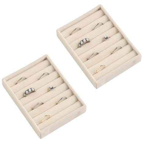 Frebeauty Small Jewellery Tray Set,Velvet Ring Organiser,Stackable Jewellery Organiser Tray,Mini Jewellery Drawer Organiser,4.92 x 3.74 x 0.9 Inches,7 Slots Ring Tray for Women Girls(Set 2,Beige)