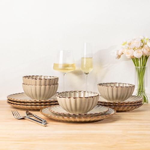 GBHOME Dinner Set for 4, 12 Piece Stoneware Set - Handcrafted Embossed Plates & Bowls, Reactive Glaze, Dishwasher and Microwave Safe Crockery Set