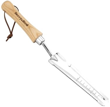 Berry&Bird Stainless Steel 5-In-1 Hand Multi Weeder, Ergonomic Wooden Handle and Leather Lanyard, Multi-functional Gardening Manual Weeder for Weeding, Digging, Transplanting, Cutting, and Sawing